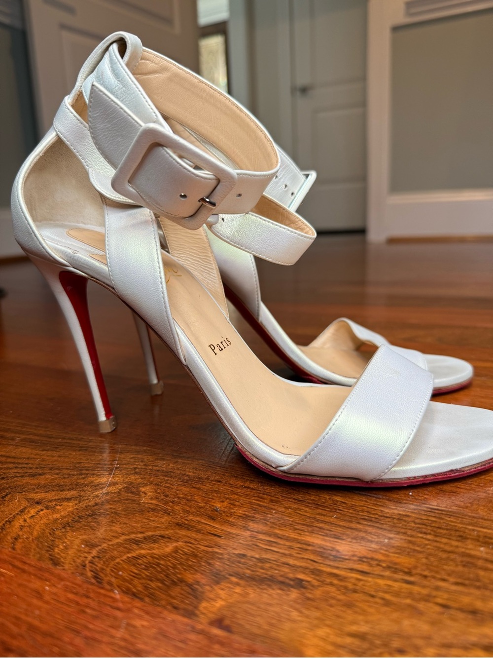 Christian Louboutin White Pearlized Leather Ankle Strap Stilettos